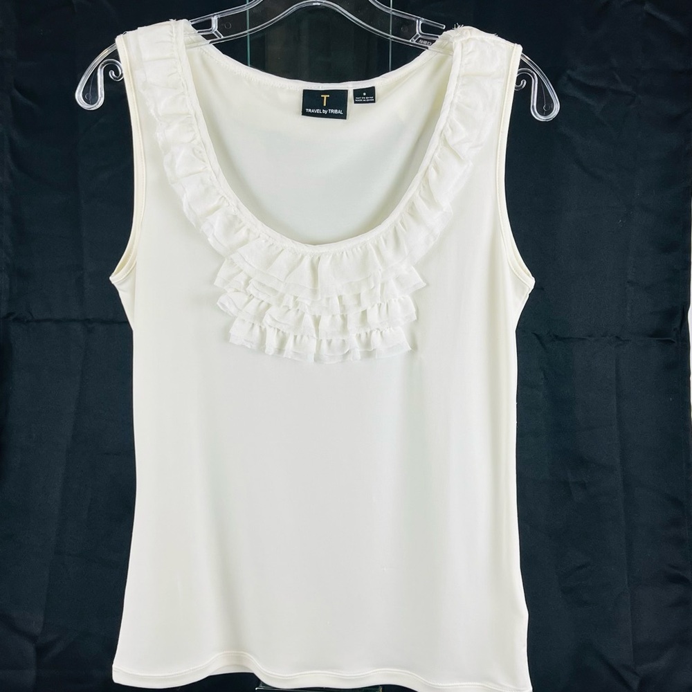 Travel by Tribal Cream Tank Top Shimmer Cream Ruffle Size S RN#119165
